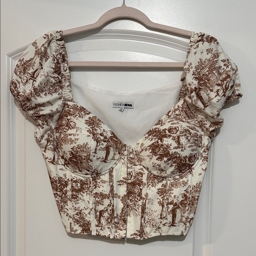 Fashion Nova Vintage Print Cream and Brown Blouse